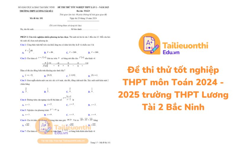Đề thi thử tốt nghiệp THPT môn Toán 2024 - 2025 trường THPT Lương Tài 2 Bắc Ninh